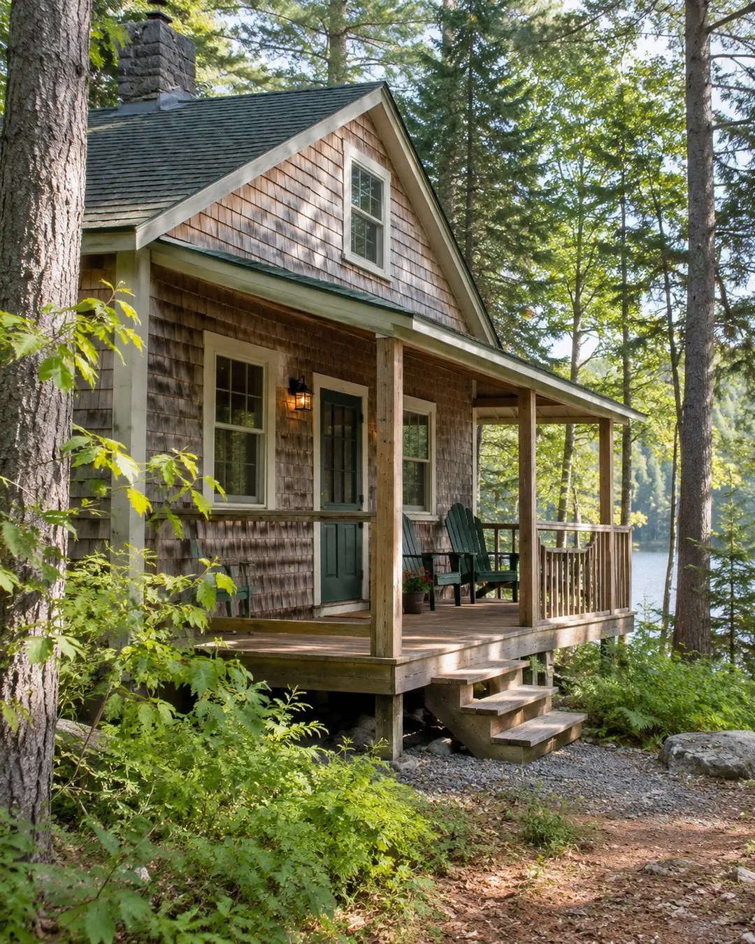 Cedar camp exterior and maintained path among Maine trees
