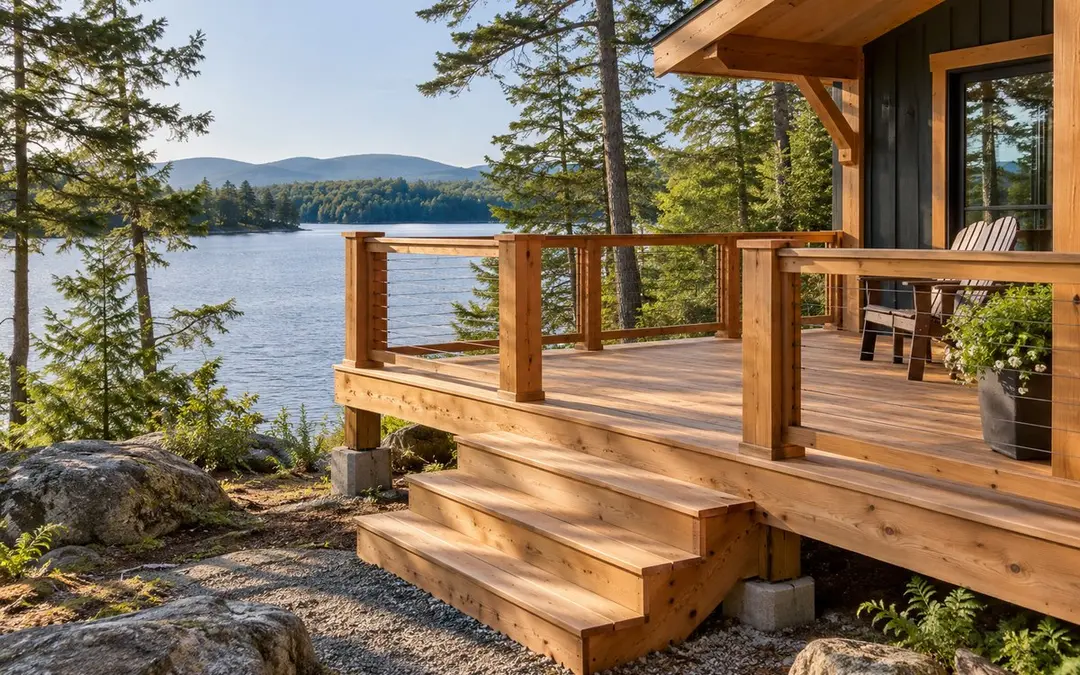 Illustrative finished wooden deck and steps at a camp