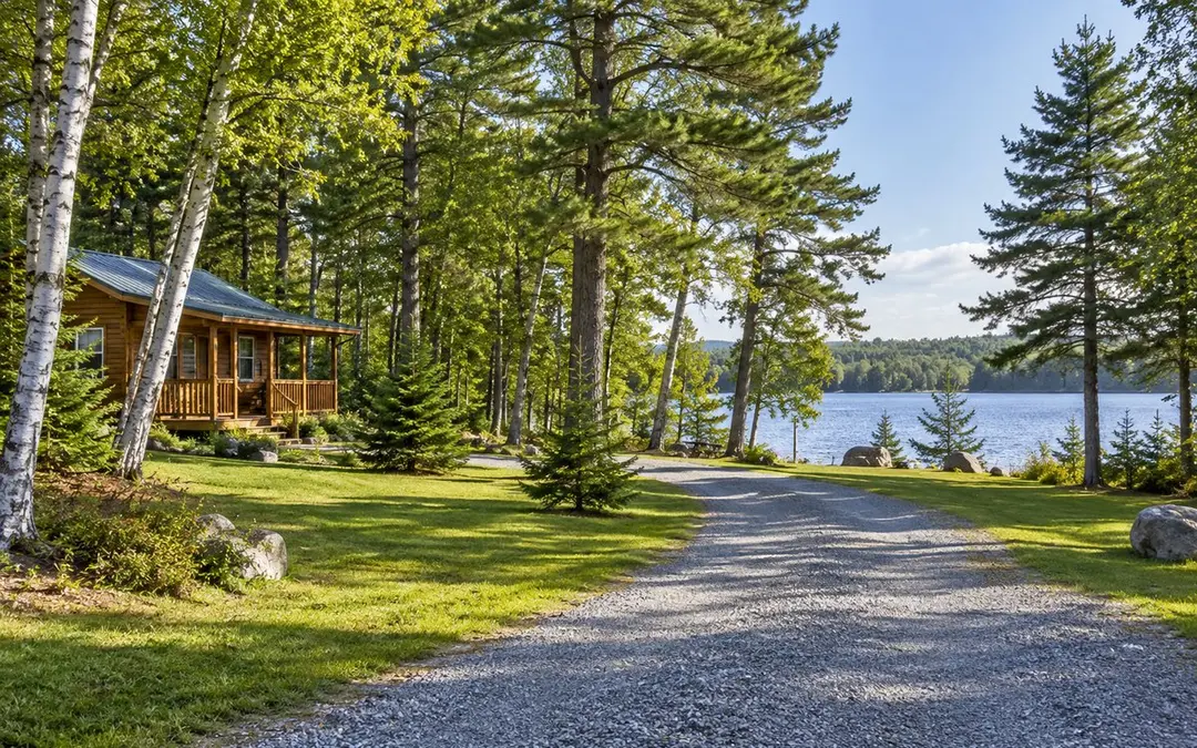 Illustrative tidy gravel lane through a wooded camp property