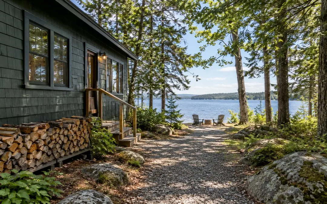 Illustrative camp path leading toward a wooded lakeshore