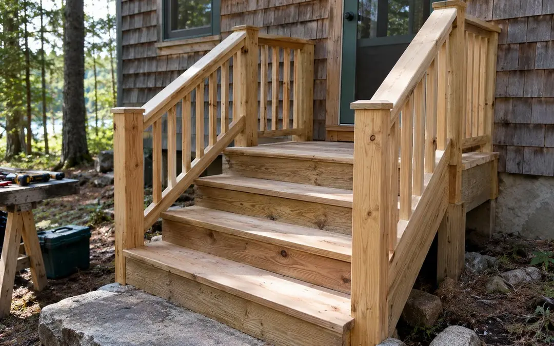 Illustrative rebuilt wooden steps on a camp porch