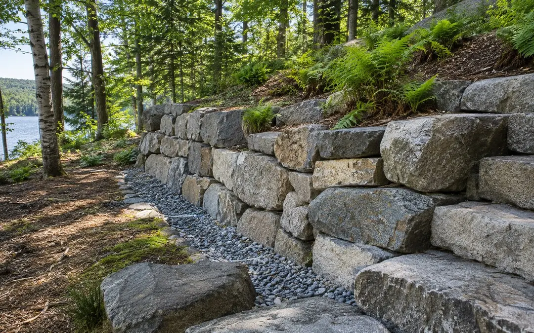 Illustrative natural stone wall along a camp slope