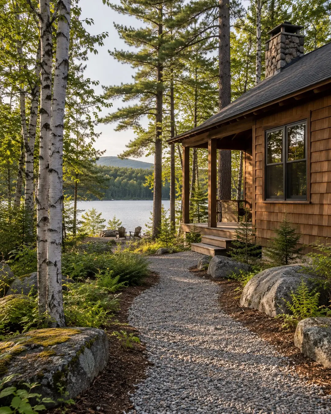 Tidy gravel access and cedar cabin at a wooded Maine camp