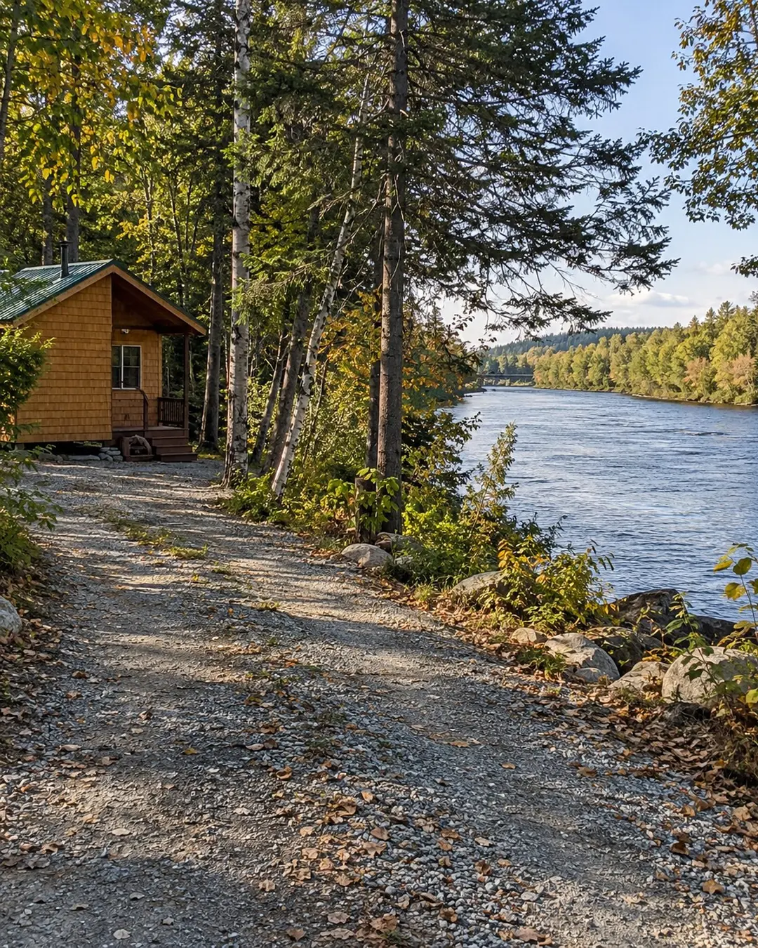 Illustrative wooded camp access and shoreline in Maine