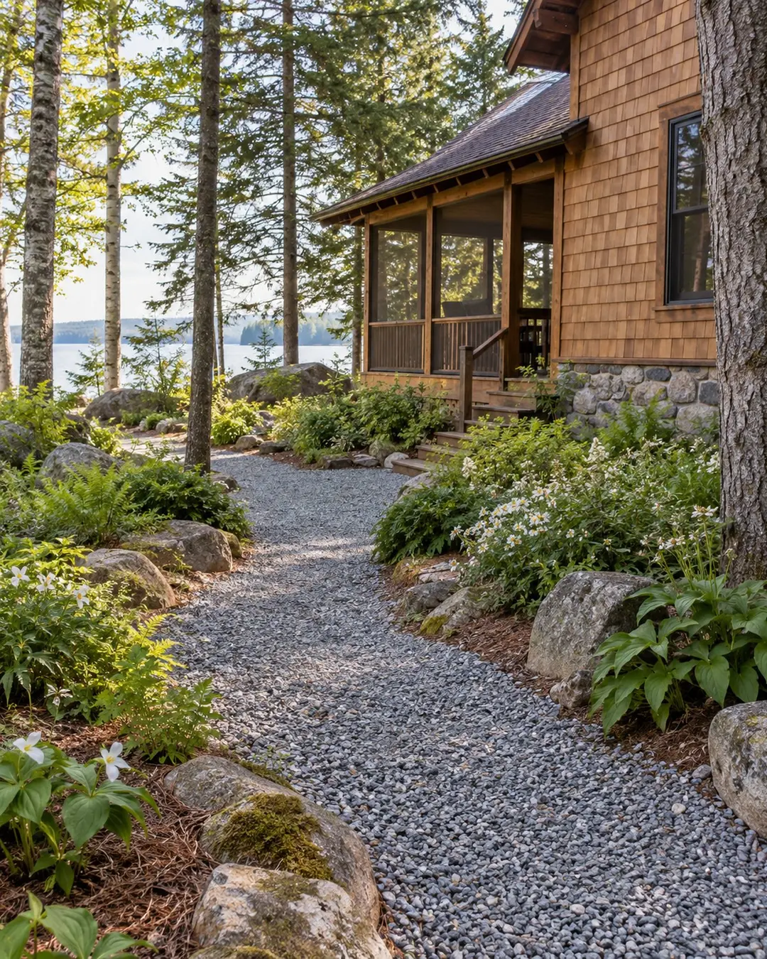 Illustrative landscaped gravel path at a wooded lakeside camp