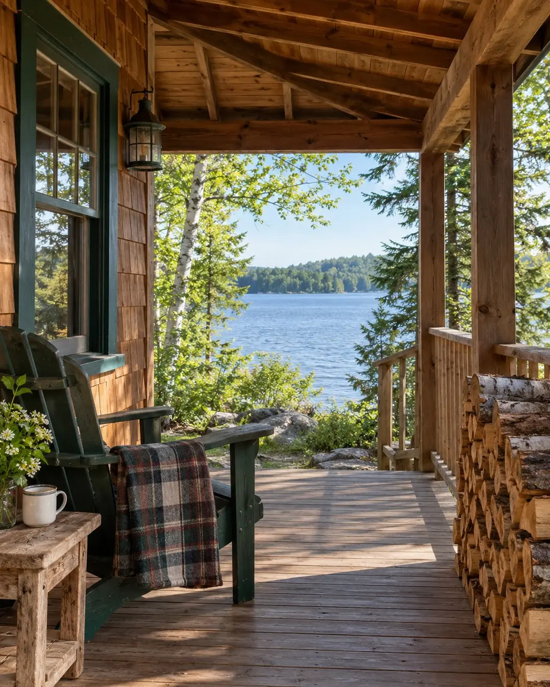 Illustrative camp porch with chairs, firewood, and lake view