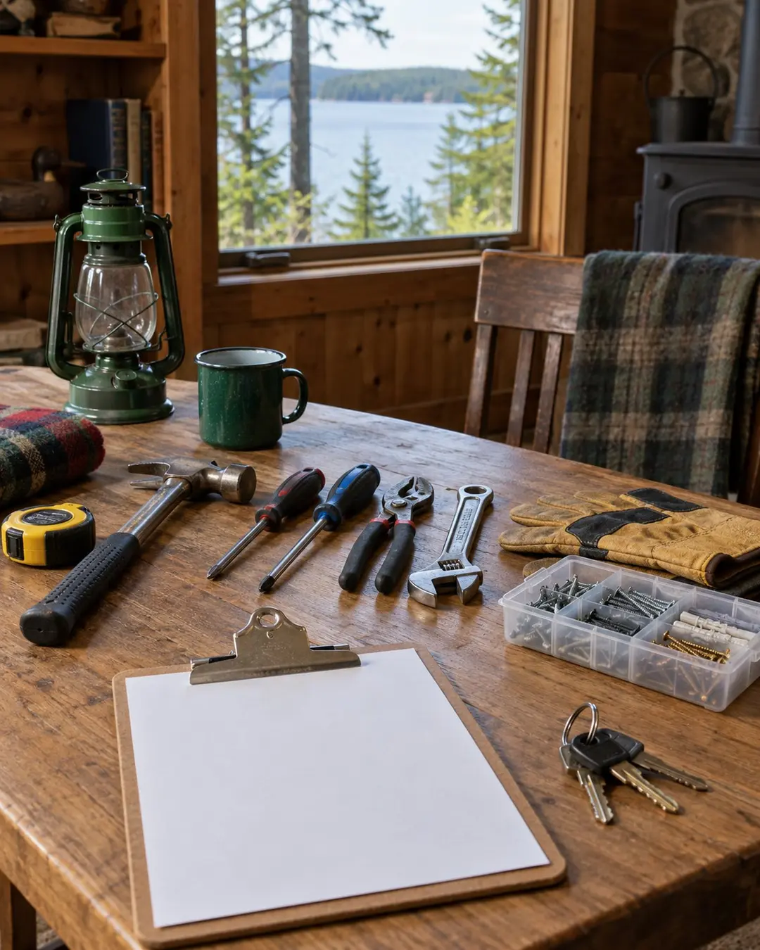 Illustrative work tools and supplies on a wooden camp table