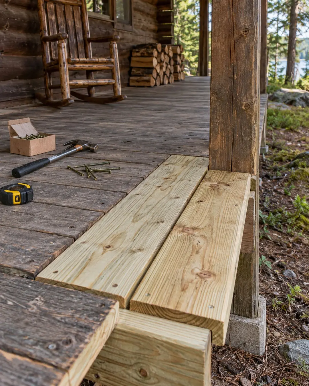 Illustrative fresh timber board beside hand tools on a camp porch