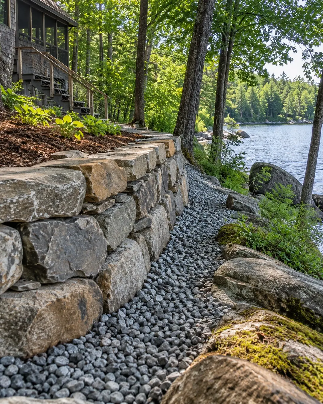 Illustrative stone retaining wall and drainage gravel near water