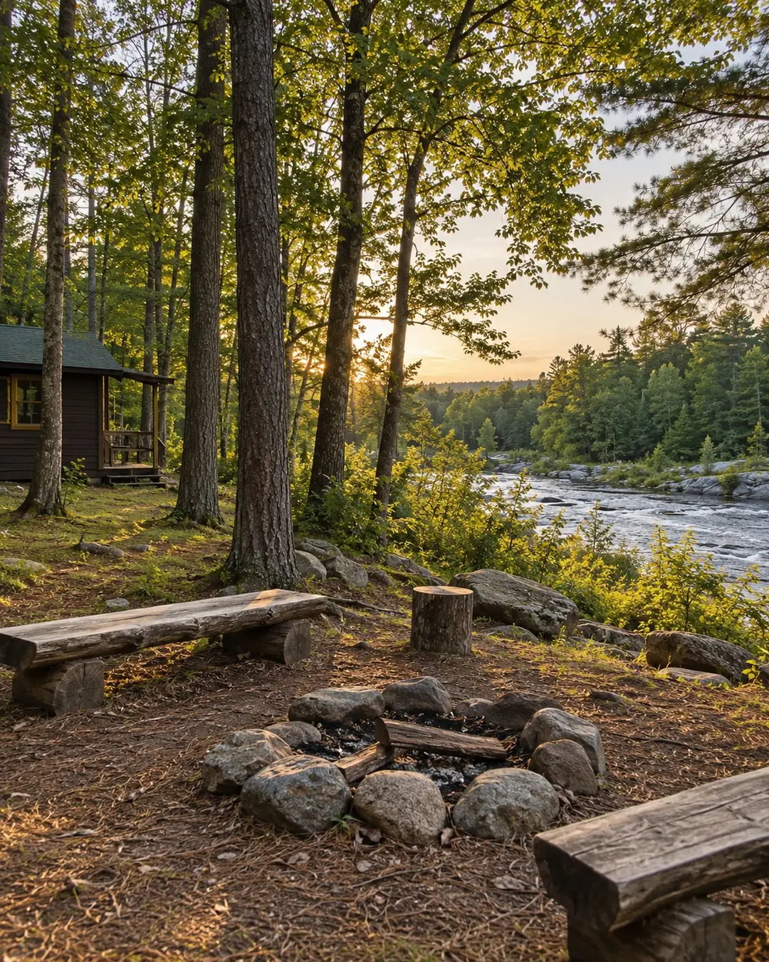 Illustrative wooded camp access and shoreline in Maine
