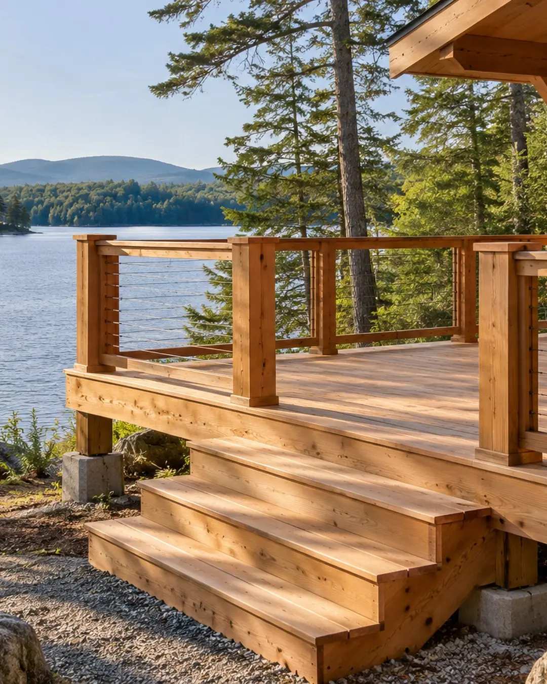 Illustrative new wooden deck at a lakeside camp