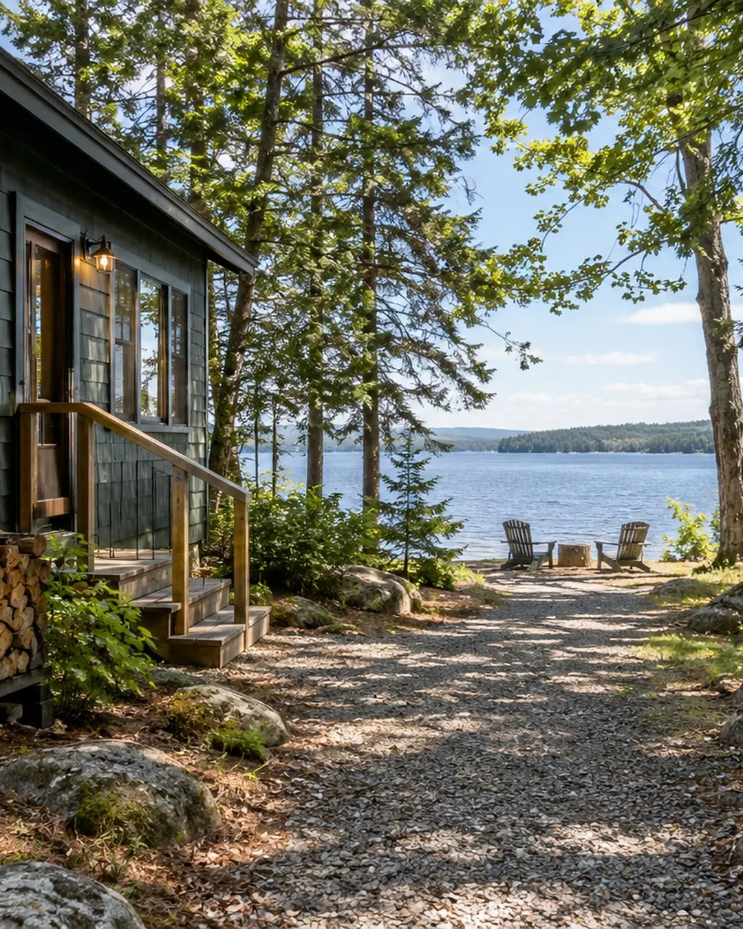 Illustrative maintained camp path with firewood and lake beyond