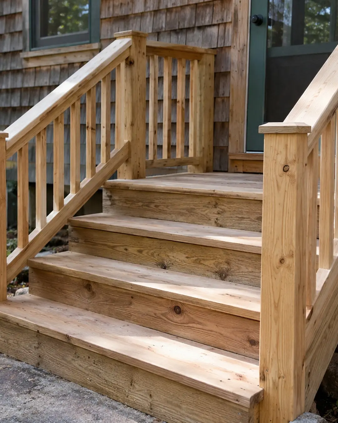 Illustrative wooden camp steps and railings