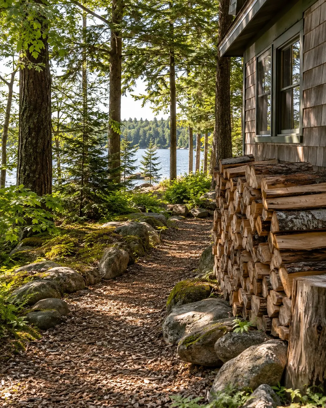 Maintained camp path and stacked firewood beside a Maine cabin